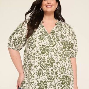 Lane Bryant Green and White Floral Blouse